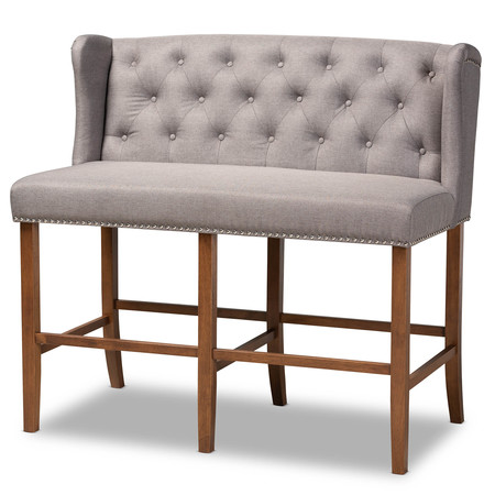 BAXTON STUDIO Alira Grey Upholstered Walnut Wood Button Tufted Bar Stool Bench 160-9948